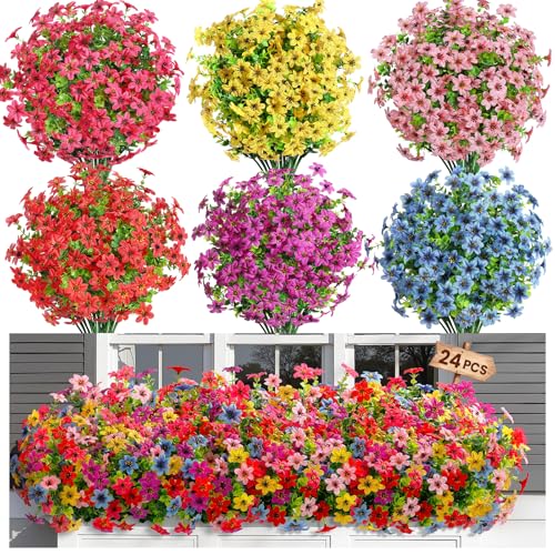 SHareconn 24 Bundles Artificial Flowers for Outdoors Decoration, Faux Plants Fake Silk Colorful Daisy Eucalyptus Lavender, UV Resistant for Outside Home Indoor Spring Decor, 6 Colors incl. Blue - color: Redrosyvioletblueyellowpink