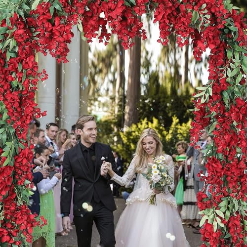 Duovlo 4Pcs 6.6Ft/Piece Imitation Silk Wisteria Garland Hanging Flower Vine for Home Outdoor Garden Ceremony Wedding Arch Floral Decor (Red) - color: Red