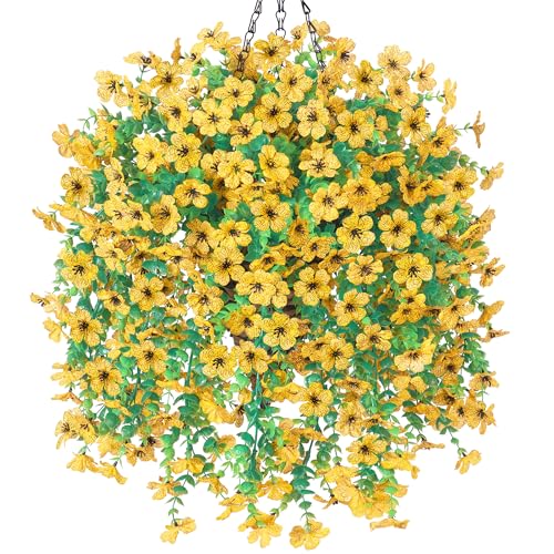 HyeFlora Artificial Hanging Flowers Basket for Outdoor, Fake Flowers Faux Plants Look Real for Yard Gardens Porch Patio Home (Yellow) - color: Yellow