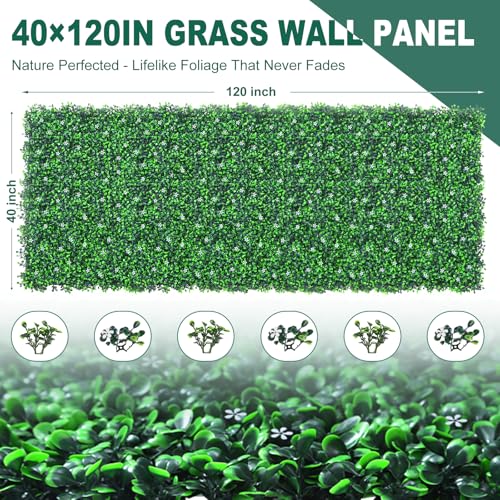 Yangrass Grass Wall Panels Roll, 40"x120" (33.33 sqft) Artificial Ivy with White Flower, UV-Anti Faux Boxwood Grass Wall Greenery Panels for Garden Patio Balcony Decor - size: 40x120inches