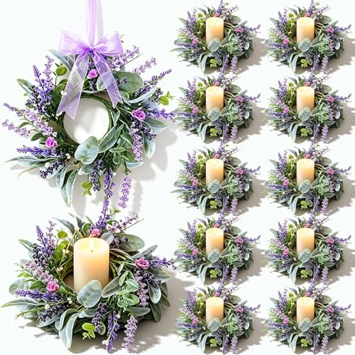 8 pcs Mini Lavender Candle Rings Wreaths Purple Daisy Pillar Holder Wreath Artificial Wild Flower Spring Summer Floral Wreath for Farmhouse Porch Cabinets Table Decoration - color: Lavender