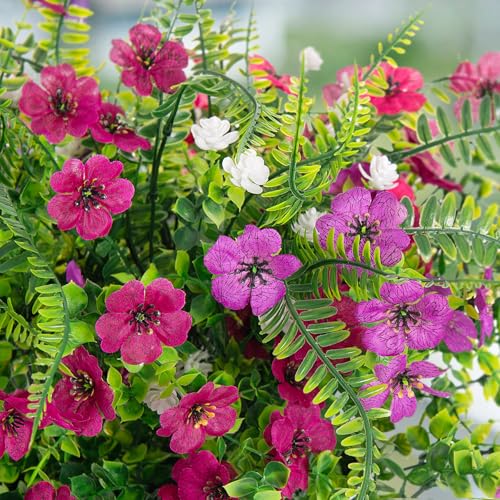Ammyoo Artificial Flowers for Outdoors Spring Decoration, 12 Bundles Fake Flower Daisy with Realistic Eucalyptus Leaves, Faux Plants for Greenery Boxwood Porch Patio Garden Pot Lawn - color: Purple Deep-purple Rose-red Purple-red White-boxwood Fern-grass