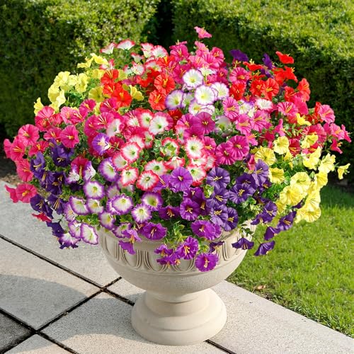 Alupssuc 24 Bundles Artificial Flowers for Outdoors, Faux Spring Flowers for Decoration, UV Resistant Silk Morning Glory with Eucalyptus Realistic Fake Flowers for Yard Planter Porch Garden, 8 Colors - color: Deeppurple, Magenta, Purple, Red, Fuchsia, Yel