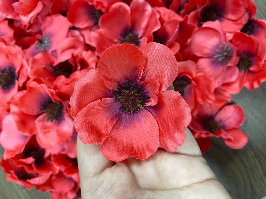 Rikyo 100 pcs Rose Red Artificial Silk Poppy Anemone Flower Heads 7cm Autumn Fake Poppy Flower, Vase Fillers, Corsages for Wedding Decor, Nursery Wall, Archway Decor Wreath Garland Cake Ornaments - color: Rose Red