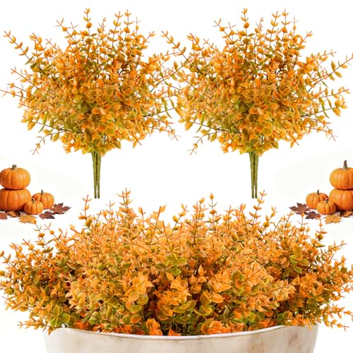 RAINFLOW Artificial Fall Flowers for Outdoors - 4PCS Autumn Brown Fake Mums, UV Resistant Fake Eucalyptus Stems for Vase Home Christmas Wedding Party Garden Porch Fall Thanksgiving Decorations