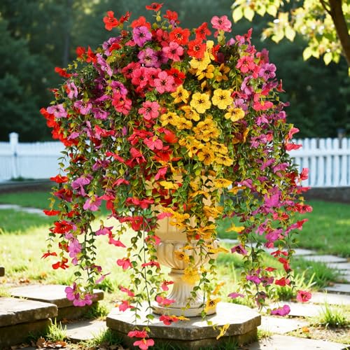 6 Bundles Artificial Flowers for Outdoors, UV Resistant Fake Hanging Flower, Realistic Silk Flowers for Indoor Outside Garden Patio Balcony Farmhouse Porch (Fuchsia, Red, Purple, Yellow) - color: 4 Multicolor
