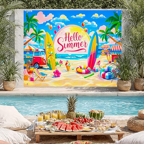 BlissYard Hello Summer Beach Backdrop 8x6ft Tropical Ocean Party Background Surfboard Palm Tree Seaside Scene for Birthday Pool Party Luau Event Coastal Summer Decoration Photo Booth Banner - color: Summer Beach#05