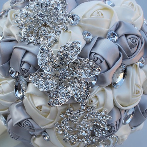 Wedding Bouquets Crystal Satin Rose Bride Bridal Bouquet Romantic Bridesmaid Holding Flower for Valentine's Day Confession Party Church Decor (Silver Creamy) - color: Silver Creamy