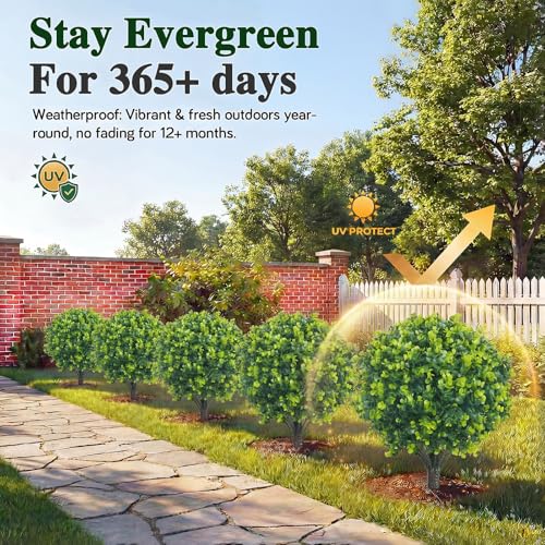 PATIO CHOICE Topiary Trees Artificial Outdoor Boxwood Ball Trees with Ground Spike Set of 2 22" Fake Outdoor Plants Faux Bushes and Shrubs Decorations for Outdoor Indoor Front Porch Garden - color: Green, size: 22in