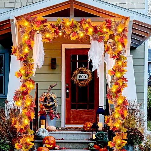Fall Maple Leaf Garland with Yellow Lights, 2PCS Thanksgiving Artificial Hanging Fall Leave Vines with 20 LED, Yellow Floral Garlands Halloween Autumn Decor for Home Wedding Party (11.8FT) - color: 2 Yellow With 2 Yellow Lights