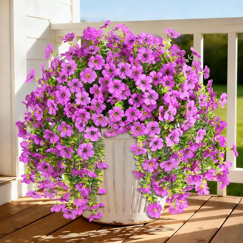 INQCMY 2Pcs Artificial Fake Hanging Flowers for Outdoors UV Resistant Artificial Plants for Spring Summer Decor Look Real Faux Flowers for Outside Home Planter Porch Patio Decor - color: Purple2