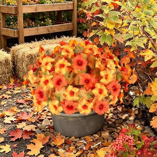 Artificial Fall Flowers for Outdoors, Faux Petunias Autumn Decoration, Fake Flowers Plants UV Resistant Look Real Silk Flowers for Outside Planter Front Door Porch Patio Yard (6, Orange-Yellow) - color: Orange-yellow