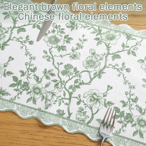 HunnmingRe 71x12 Inch Sage Green Floral Table Runner Vintage Table Runner Chinoiserie French Country Decor Summer Outdoor Tablecloth Decorative Dinner Tablecloth for Home Dining Kitchen Party Decor - color: Green