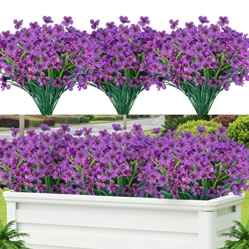Lnoicy 24 Pcs Artificial Flowers for Outdoor,Plastic Flowers Decoration, UV Resistant Faux Flowers Shrubs, Artificial Plants for Indoor Outside Garden Home Wedding Farmhouse（Purple - color: Purple, size: 24