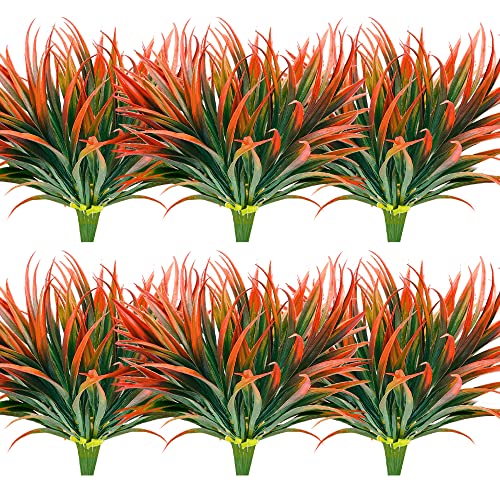 16 Pcs Outdoor Fake Plants UV Resistant Artificial Tall Grass Plants Faux Tropical Flowers Bushes Fall Winter Summer Planters Yard Patio Front Porch Décor Plastic Greenery Shrubs Decoration - color: Red Grass Plant, size: 16 Pcs