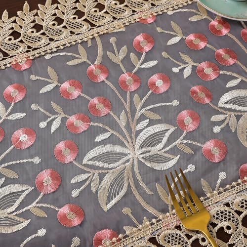 Lace Table Runner Floral Embroidery Fabric Rustic Table Runners Elegant Chic Table Transparent Cover for Home Dining Room Tabletop Decor Wedding Party Dresser (Champagne&Pink, 24 x 24 Inch(Round)) - color: Champagne&pink, size: 24 x 24 Inch
