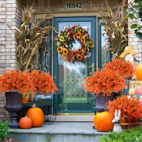 Rowfad 18 Pcs Artificial Mums Flowers Outdoor Plastic Fall Flowers Fake Mums Autumn Greenery Flower for Porch Window Box Farmhouse Thanksgiving Home Decor ((18, Orange) - color: Orange