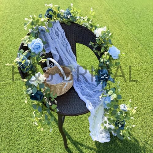 Artificial Flower Garland，6.5Ft Fake Dahlia Rose Flowers Garland Floral Eucalyptus Greenery Vine for Wedding Arch，Table Runner Centerpieces Backdrop Room Wall Hanging Plant Decor（Blue） - color: Blue