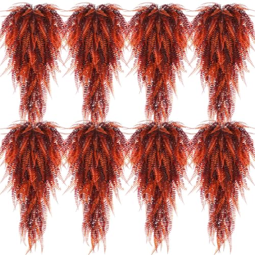 Daifunli 8 Pcs Artificial Fall Hanging Plants Fake Hanging Ferns Plastic Autumn Faux Plants for Wall Room Garden Garland Indoor Outdoor Decor No Basket (Fall Boston) - style: Fall Boston
