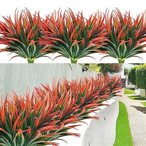 12 Pcs Outdoor Fake Plants UV Resistant Artificial Tall Grass Plants Faux Tropical Flowers Bushes Fall Winter Summer Planters Yard Patio Front Porch Décor Plastic Greenery Shrubs Decoration - color: Red Grass Plant, size: 12 Pcs
