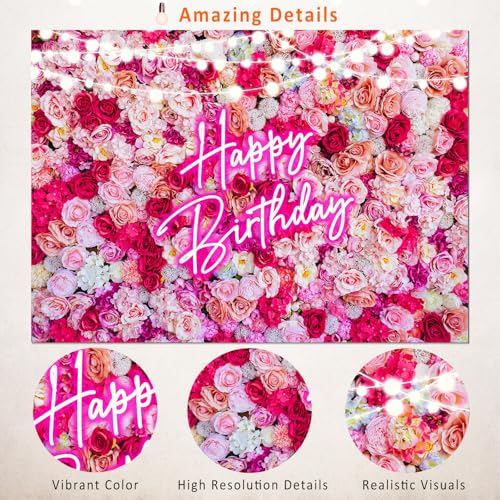 Pink Flower Birthday Backdrop Women Floral Bday Decorations,Neon Pink Happy Birthday Backdrops Banner Red Rose Flowers Photography Background Girls Bday Party Decor Photo Booth Props 8x6ft - size: 8ft(W) x 6ft(H)