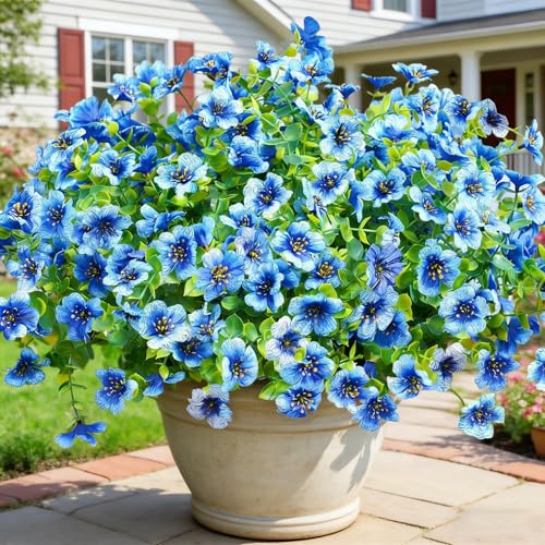 12 Bundles Artificial Flowers for Outdoor UV Resistant and Realistic, Faux Daisy Fake Flowers with Eucalyptus Leaves for Porch, Patio, Planter, Window Box, Home, Garden Decor - color: Blue