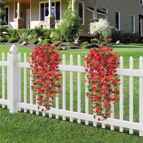 Hrobek 2 PCS Artificial Hanging Flowers Outdoor Spring Summer Decoration, Fake Hanging Vine Plants UV Resistant, Faux Daisy Flower Eucalyptus for Outside Home Indoor Porch - color: B-red Brown