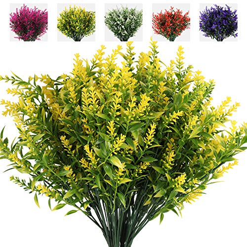 RECUTMS 8 Bundles Artificial Lavender Flowers for Outdoor Decoration, UV Resistant Fake Shrubs Greenery Bushes House Office Garden Patio Indoor Outdoor Decor (Yellow) - color: Yellow, size: 8 Bundles