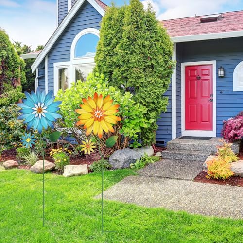 YEAHOME Garden Decor for Outside, 35.4“ Set of 2 Metal Flowers Decorative Garden Stakes for Spring Decor, Yard Art Flower Stakes for Outdoor Lawn Backyard Porch Garden Decorations (Yellow, Blue) - color: Blue,yellow