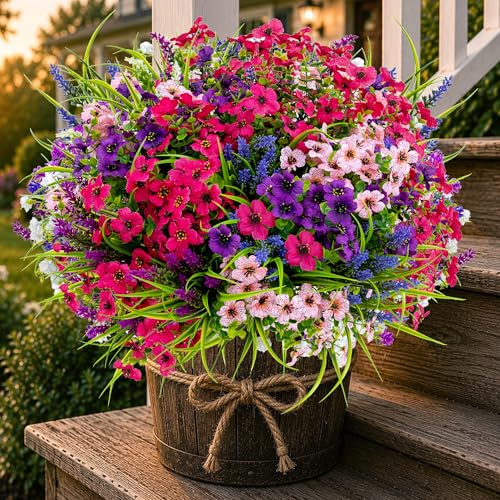AXYLEX Artificial Flowers Outdoor Shrubs - 16 Bundles Fake Plants UV Resistant No Fade Faux Plastic Greenery Home Garden Porch Patio Decoration Office Indoor (1, Multi-16pcs) - color: 16 Pcs - Pink+purple+red Pink+lavander