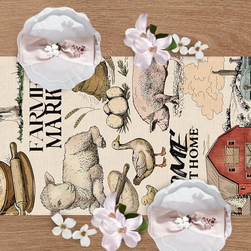 Farm Animals Dining Table Runner, Farmhouse Country Cow Lamb Pig Chicken Duck Barn Tractor Burlap Kitchen Decoration, Farmer Market Indoor Outdoor Sweet Home Decor Party Supply 13 x 108 Inches - color: Farm, size: Table Runner 13''X108''