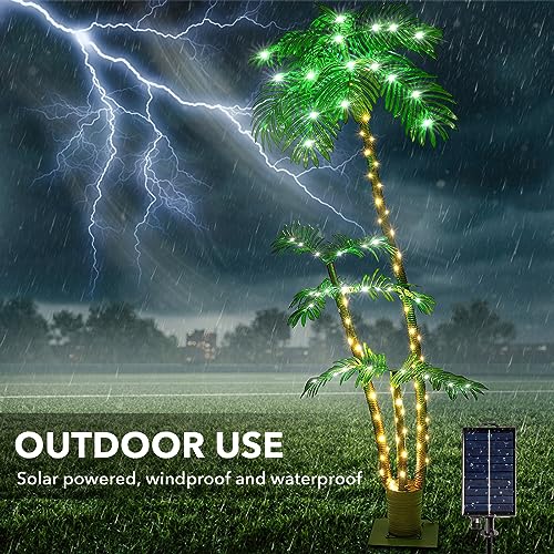 7FT Palm Trees for Outside Patio, Christmas Palm Trees Decor, Waterproof＆Windproof Solar Light Up Tree, Artificial Lighted Palm Tree Party Decorations for Outside Indoor Patio Decor