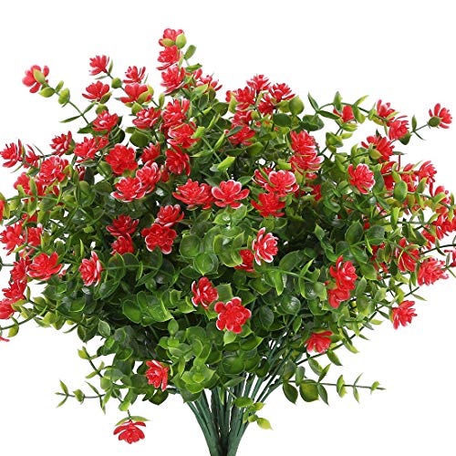 6 Bundles Artificial Flowers, Fake Artificial Greenery UV Resistant No Fade Faux Plastic Plants for Wedding Bridle Bouquet Indoor Outdoor Home Garden Kitchen Office Table Vase (Red) - color: Red