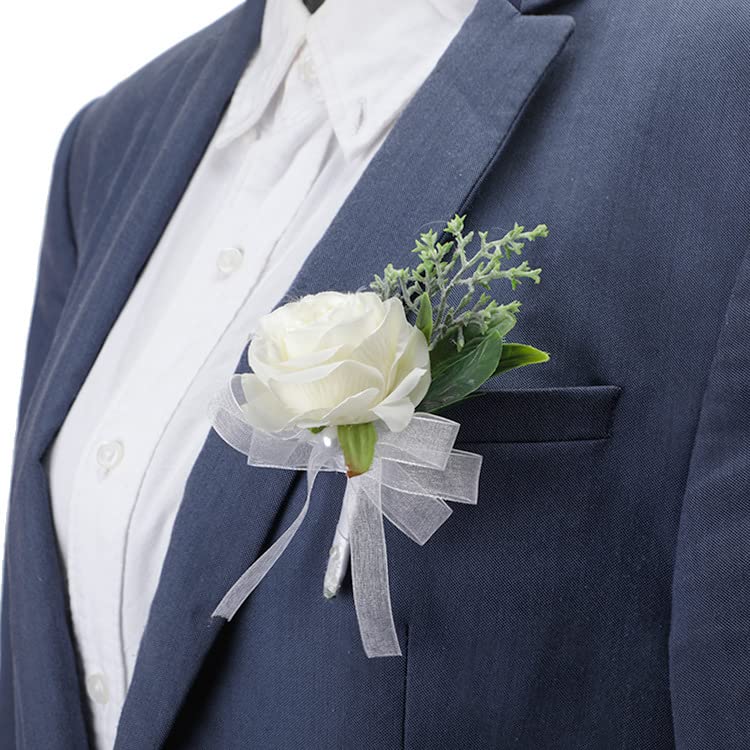 Rikyo Rose Wrist Corsage Wristlet Band Bracelet and Men Boutonniere Set, 2 Pack, Corsage for Prom, Bride Hand Flower, Wedding Flowers Ceremony Party Prom Decor, Handmade Petals Hair Hat Wreath (White) - color: White