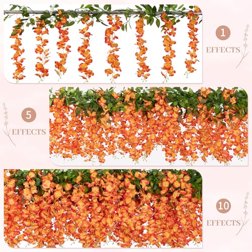 U'Artlines 10Pcs 7.2 Ft/Piece Artificial Wisteria Garland Silk Fake Orange Wisteria Flowers Hanging Greenery Vines Garlands Rattan for Home Garden Wedding Arch Party Indoor Outdoor Décor - color: Orange