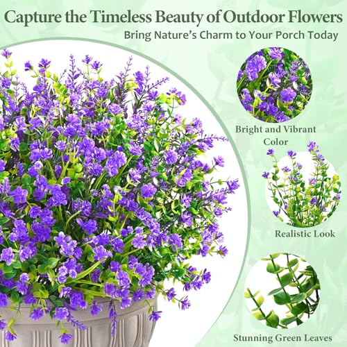 Yastouay Artificial Flowers for Outdoors UV Resistant, 9 Bundles Purple Realistic Outdoor Artificial Plants & Flowers, Fake Outdoor Flowers Plants for Front Porch Window Box Garden Decoration - color: Purple, size: 9 Bundles