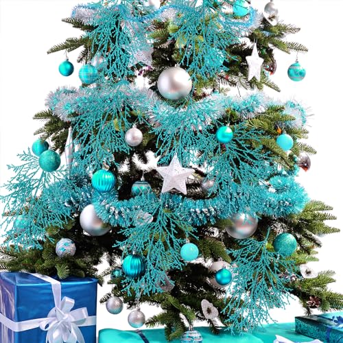 Winlyn 15 Pcs Teal Glitter Artificial Cedar Picks Sprays Christmas Floral Picks Faux Cedar Branches Stems Teal Christmas Tree Picks 15.4" H for Floral Arrangement Wreath Swag Winter Centerpiece - color: Teal