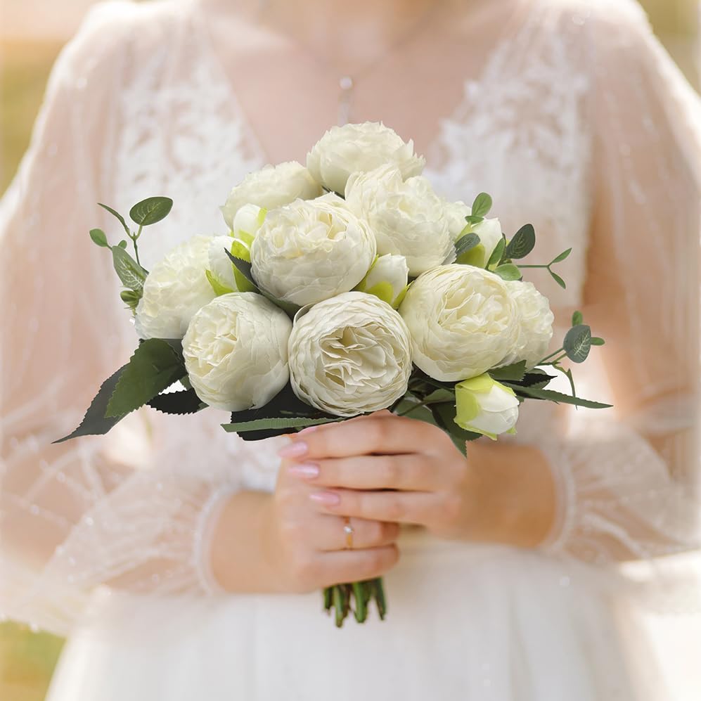 Artificial Peony Flowers, 4Pcs Silk Peonies Fake Peony Bouquets for Home Wedding Office Party Decor (White) - color: White（4pack）