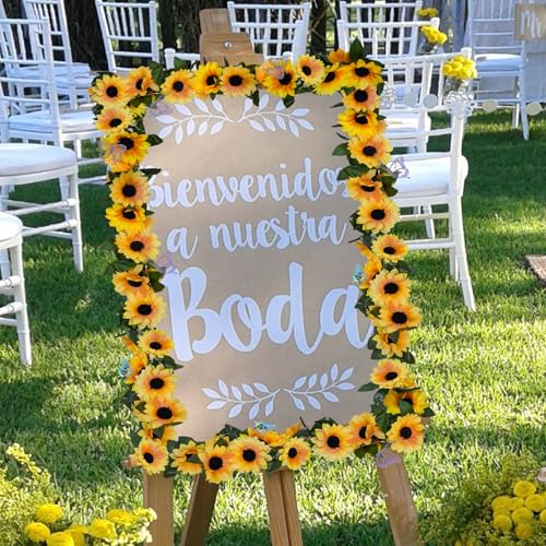 BonBloom's 2 Pack Artificial Sunflower Garland with Lights,Fake Sunflowers Vines Decor,7.5ft Silk Flower Garland for Table Centerpieces Wedding Birthday Party Home Decorations - color: Sunflower With Light, size: 2 Pack