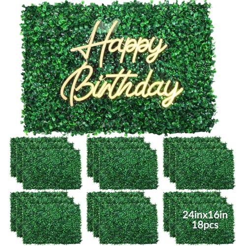 18 Pcs 24"x16" Artificial Grass Wall Panel, Neon Sign 16.5" x 12.2" with Dimmable Switch for Indoor Outdoor Patio Balcony Greenery Garden Privacy Fence Party Wedding Birthday Decor(Happy Birthday) - style: Happy Birthday