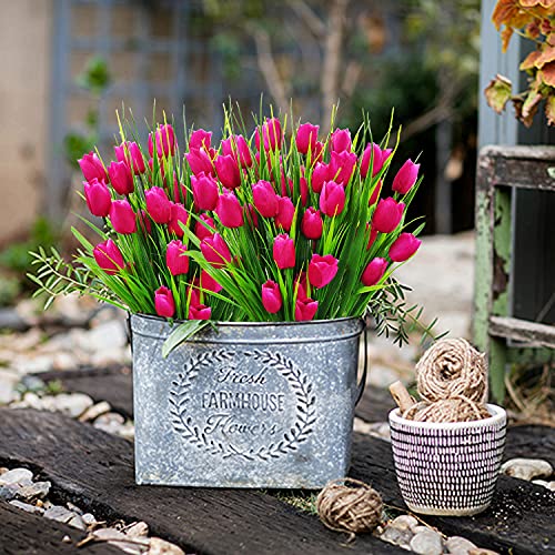 8 Bundles Outdoor Artificial Tulips Fake Flowers UV Resistant Faux Plastic Greenery Shrubs Plants for Home Outside Garden Porch Window Farmhouse Decor (Rose Red) - color: Rose Red