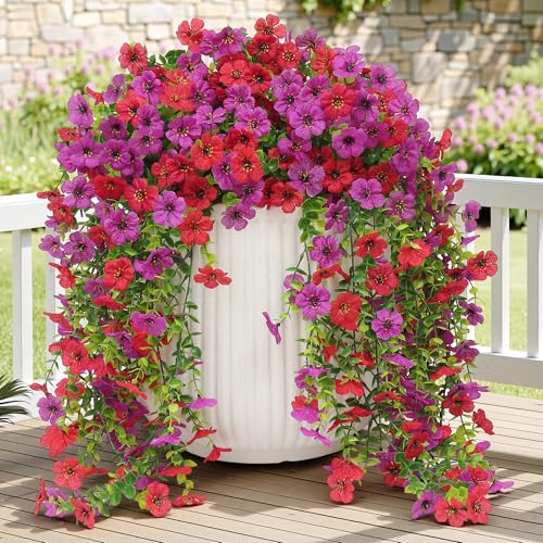 Artificial Fake Hanging Flowers Plants for Outdoor , 4PCS Faux Silk Daisy No Fade Spring Summer Decoration UV Resistant Realistic Plants plastic Flowers for Porch Patio Balcony Yard Decor(Purple Red) - color: Purplered