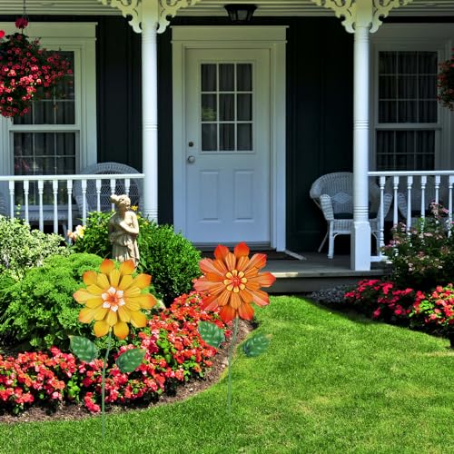 YEAHOME Garden Decor for Outside, Set of 2 Metal Flowers 23.6” Decorative Garden Stakes for Spring Decor, Yard Art Flower Stakes for Outdoor Lawn Backyard Porch Garden Decorations (Orange, Yellow) - color: Orange,yellow