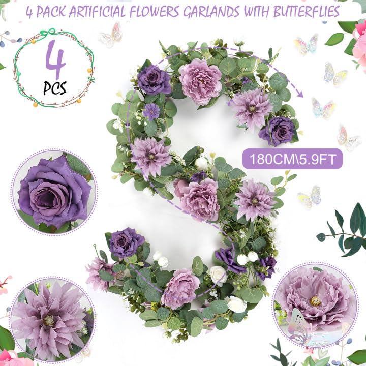 4 Pack 5.9 FT Artificial Flower Garland with Butterflies Fake Rose Garland Faux Greenery Eucalyptus Garlands for Wedding Table Backdrop Arch Centerpieces Decorations - Light Purple & Purple - color: Dusty Purple, size: 4 Pack