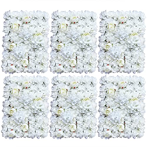 OUKANING 6 PCS Artificial Flower Wall Panels 3D Flower Wall Panel for Wall Backdrop 16" x 24" Faux Flower Wall Mat Silk Hydrangea Rose Floral Panel - color: White+Light Yellow
