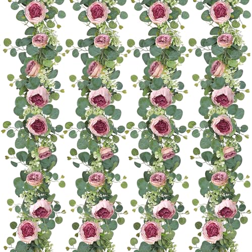 Artificial Flowers Garland 6FT Eucalyptus Flower Garlands Vintage Peony Rose Vine Faux Floral Garland for Wedding Party Arch Table Wall Backdrop Decoration (Vintage Pink, 4PCS) - color: Vintage Pink, size: 4PCS
