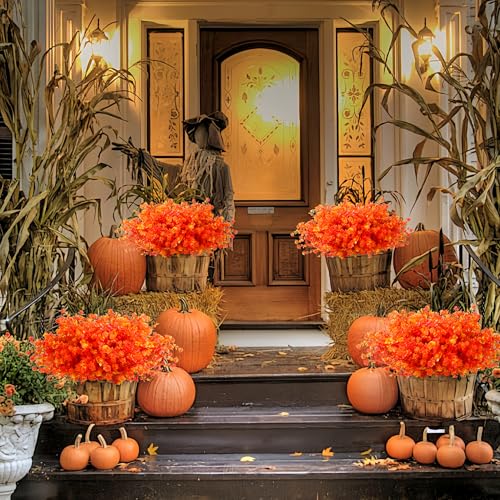 SITUMEIZI Artificial Mums for Outdoor Fall Flowers,Faux Flower Eucalyptus Leaves Fake Plants Greenery Outside Plastic Proch Patio Front Fall Halloween Thanksgiving Decorations(8Pcs,Orange) - color: Orange