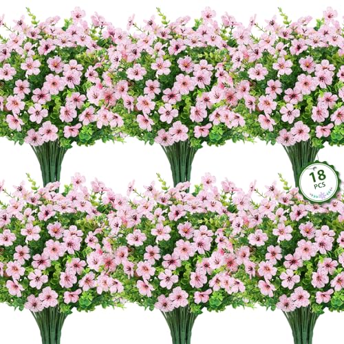 Roberly Artificial Flowers for Outdoors, UV Resistant Silk Faux Flowers Daisy with Eucalyptus Greenery Stems Fake Plastic Plants for Spring Summer Patio Garden Home Decor, 18 Bundles, Pink - color: Pink