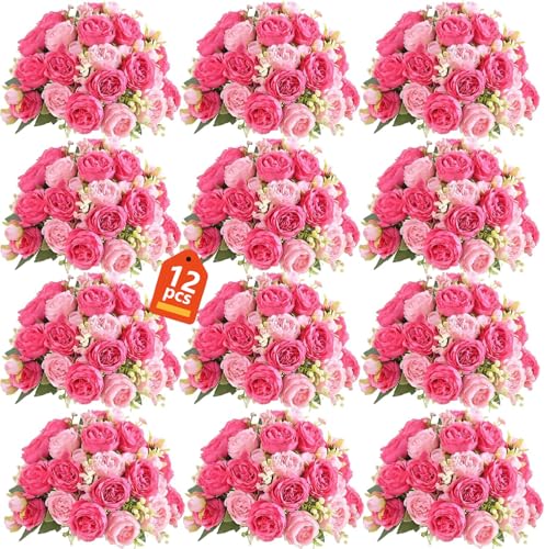 peonies artificial flowers 12 Bundles pink flowers bouquet, Lifelike Silk Fake Peonies with Stems for Home Table Centerpieces, Wedding, Party & DIY Bridal Floral Arrangements (Rose red + pink) - color: Rose Red + Pink