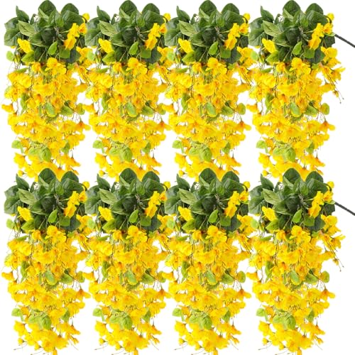 XunYee 8 Pcs Artificial Hibiscus Flowers for Outdoors Spring Summer Decor Fake Hanging Flowers Plants Uv-Resistant Faux Hibiscus Flower for Outside Porch Patio Front Door (Yellow) - color: Yellow